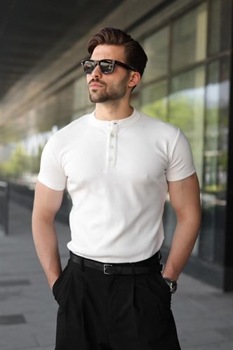 Ekru Slim Fit Hakim Yaka Triko Erkek Tişört E7189
