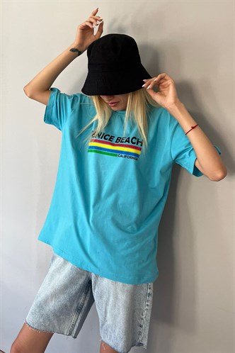 Turquoise Printed Over Fit T-Shirt MG1516