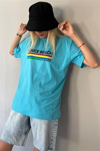 Turquoise Printed Over Fit T-Shirt MG1516