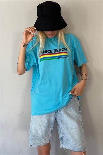 Turquoise Printed Over Fit T-Shirt MG1516