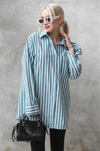 Turkuaz Çizgili Oversize Kadın Gömlek MG1688