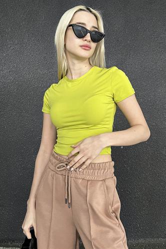 Yağ Yeşili Bisiklet Yaka Kısa Kollu Basic Tişört MG1825