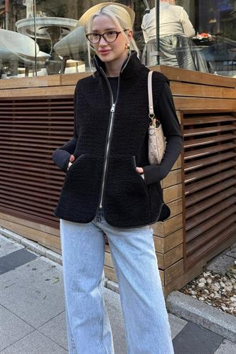 Siyah Dik Yaka Kadın Peluş Yelek MG2578