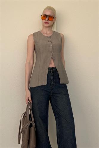 Haki Bisiklet Yaka Kadın Uzun Yelek Mg2331