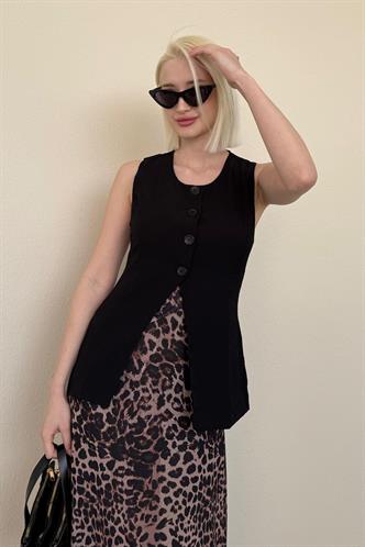 Siyah  Bisiklet Yaka Kadın Uzun Yelek Mg2331