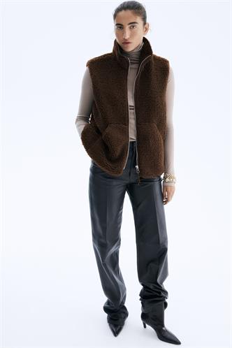 Kahverengi Dik Yaka Kadın Peluş Yelek MG2578
