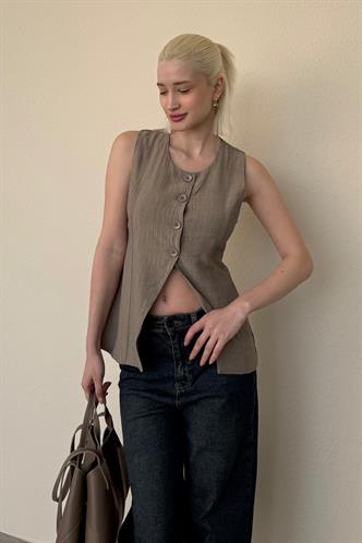 Haki Bisiklet Yaka Kadın Uzun Yelek Mg2331