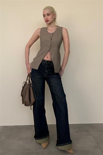 Haki Bisiklet Yaka Kadın Uzun Yelek Mg2331