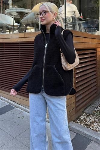 Siyah Dik Yaka Kadın Peluş Yelek MG2578