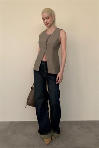 Haki Bisiklet Yaka Kadın Uzun Yelek Mg2331