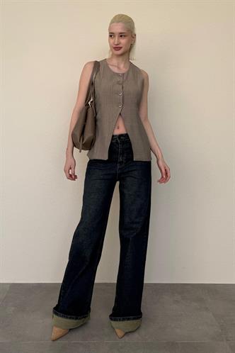 Haki Bisiklet Yaka Kadın Uzun Yelek Mg2331