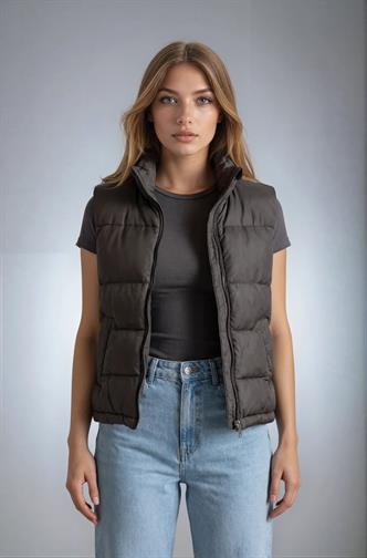 Kahverengi Dik Yaka Astarlı Kadın Şişme Yelek MG2592