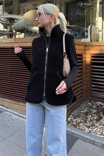 Siyah Dik Yaka Kadın Peluş Yelek MG2578