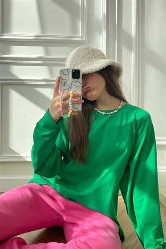 Yeşil Basic Bisiklet Yaka Kadın Sweatshirt MG1676