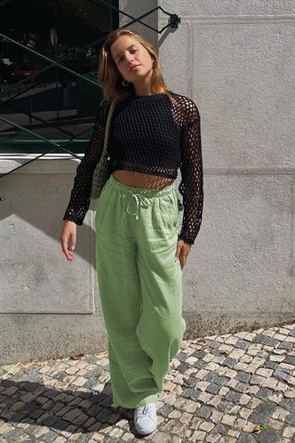 Yeşil  Beli Büzgülü Wide Leg Kumaş Pantolon MG1950