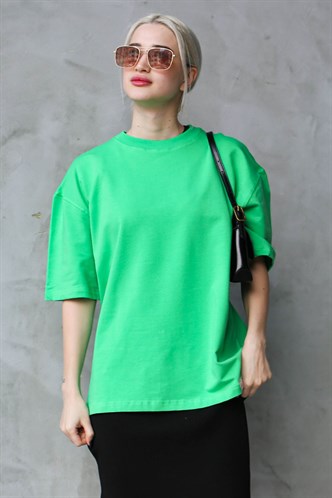 Yeşil Bisiklet Yaka Basic Oversize T-shirt MG1687