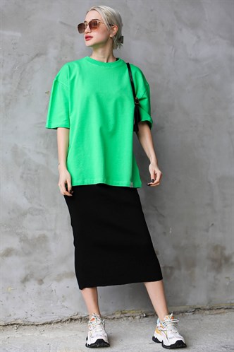 Yeşil Bisiklet Yaka Basic Oversize T-shirt MG1687