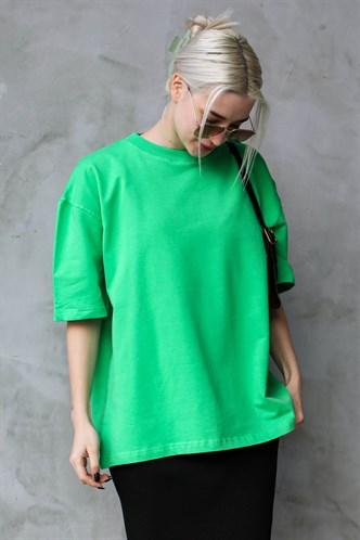 Yeşil Bisiklet Yaka Basic Oversize T-shirt MG1687