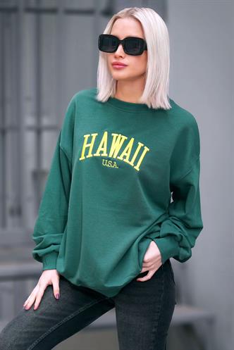 Yeşil Bisiklet Yaka Baskılı Sweatshirt MG1922