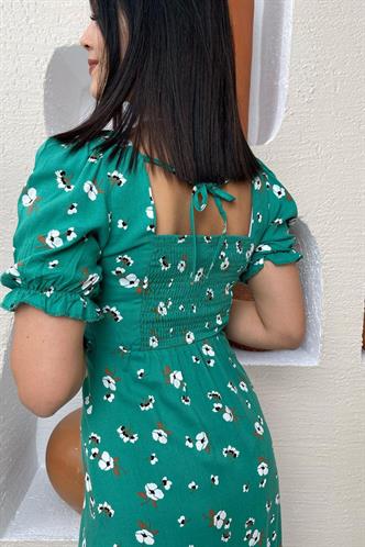 Yeşil Çiçek Desenli Balon Kol Midi Elbise MG1820
