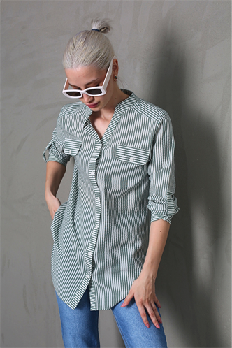 Yeşil Çizgili Gofre Kumaş Kadın Oversize Gömlek MG1666