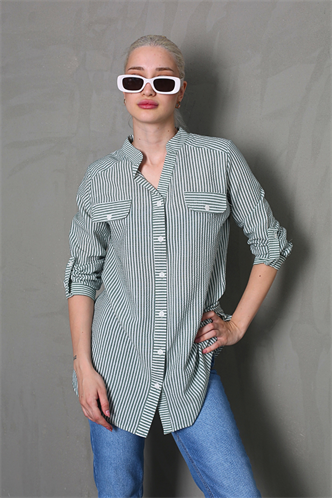 Yeşil Çizgili Gofre Kumaş Kadın Oversize Gömlek MG1666