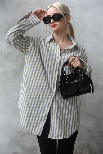 Yeşil Çizgili Oversize Kadın Gömlek MG1688
