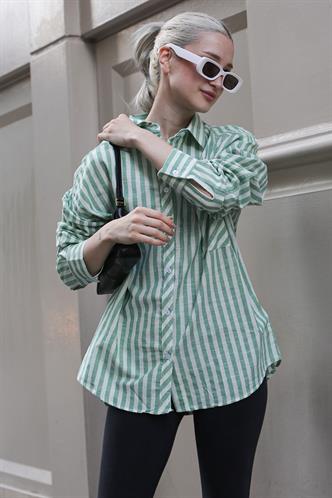 Yeşil Çizgili Oversize Kadın Gömlek MG1729