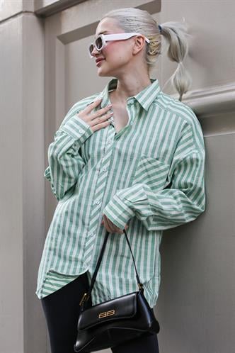 Yeşil Çizgili Oversize Kadın Gömlek MG1729