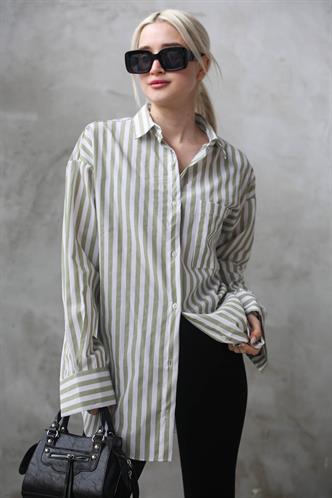 Yeşil Çizgili Oversize Kadın Gömlek MG1688