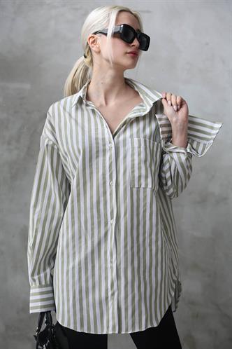 Yeşil Çizgili Oversize Kadın Gömlek MG1688