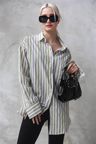 Yeşil Çizgili Oversize Kadın Gömlek MG1688