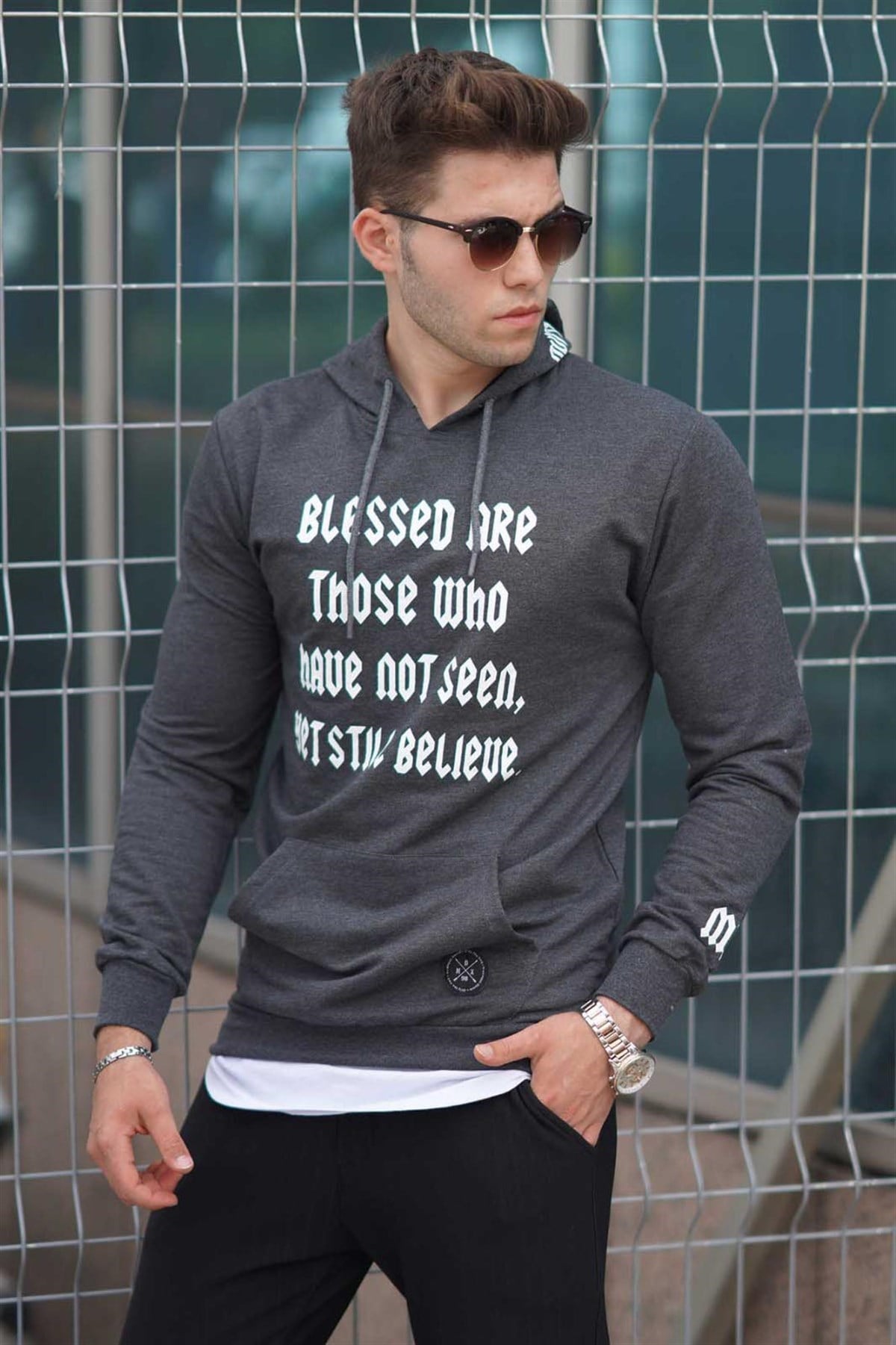 Antrasit Baskılı Kapşonlu Sweatshirt 4097