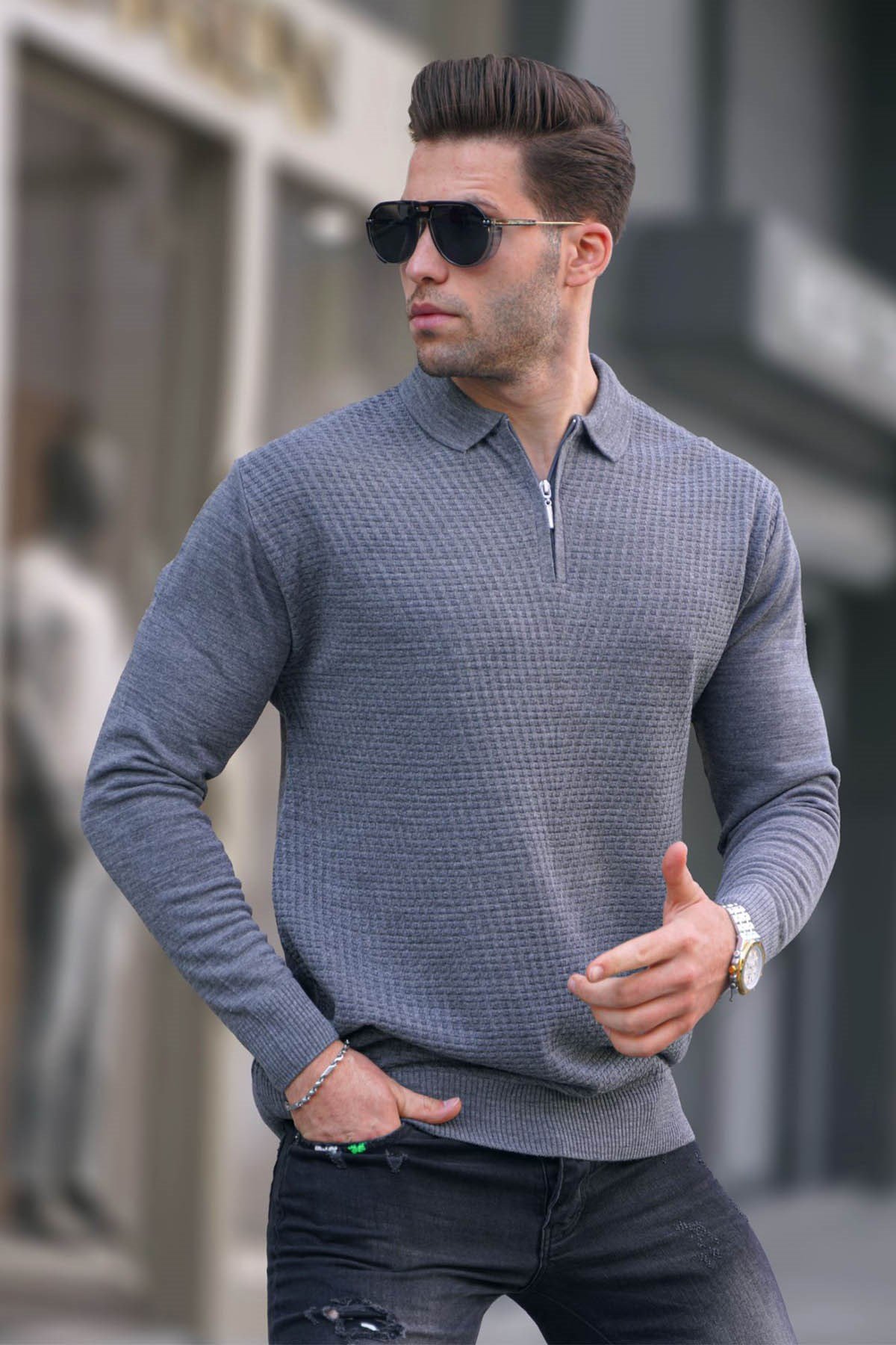 Anthracite Knitwear Polo Neck Sweater -- Madmext