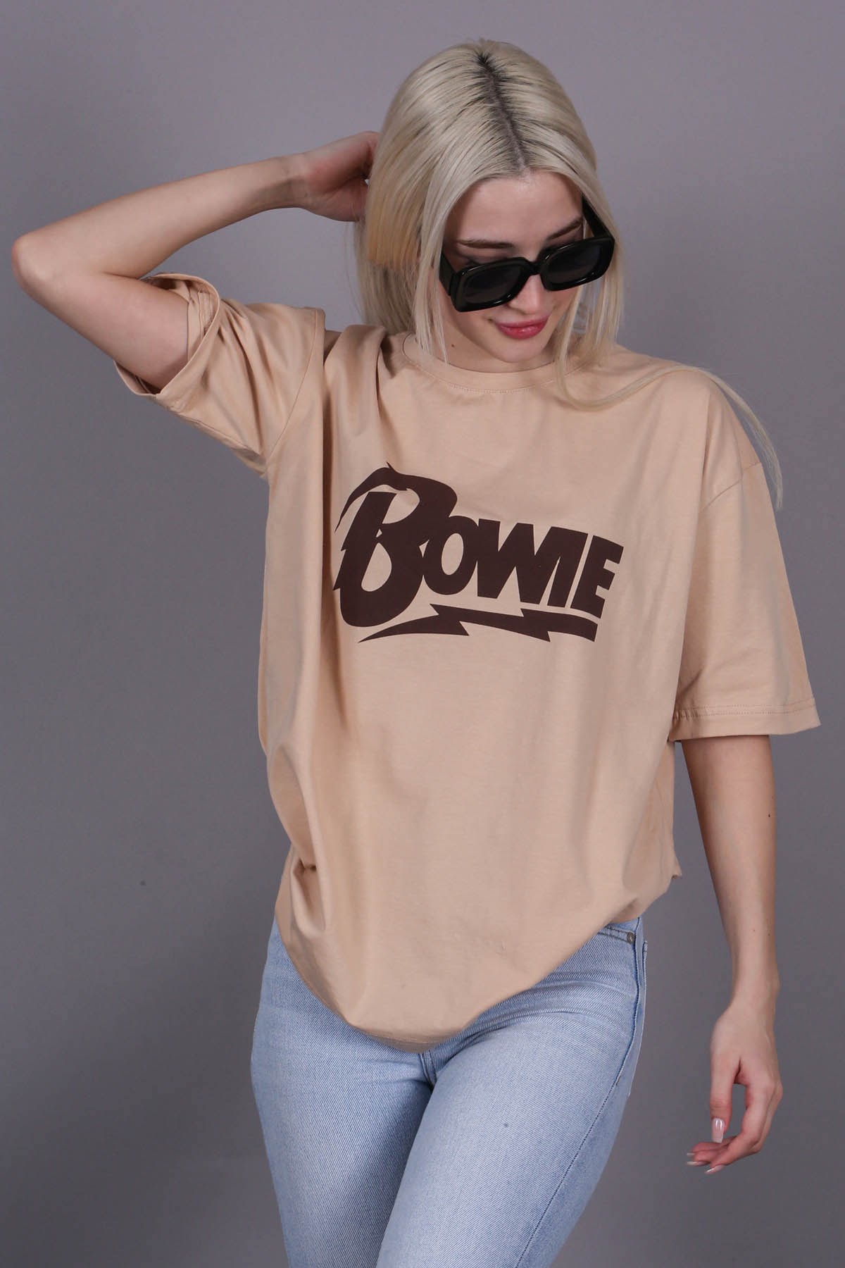 Bej Baskılı Over Fit Tişört MG1514