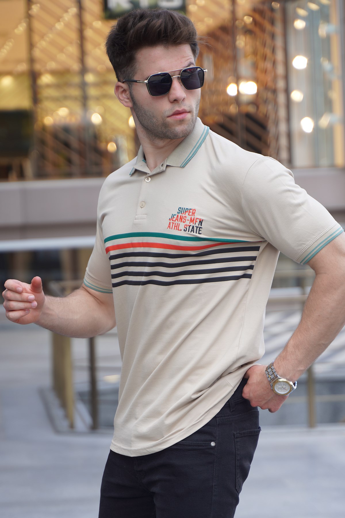 Bej Çizgili Polo Yaka Tişört 5869