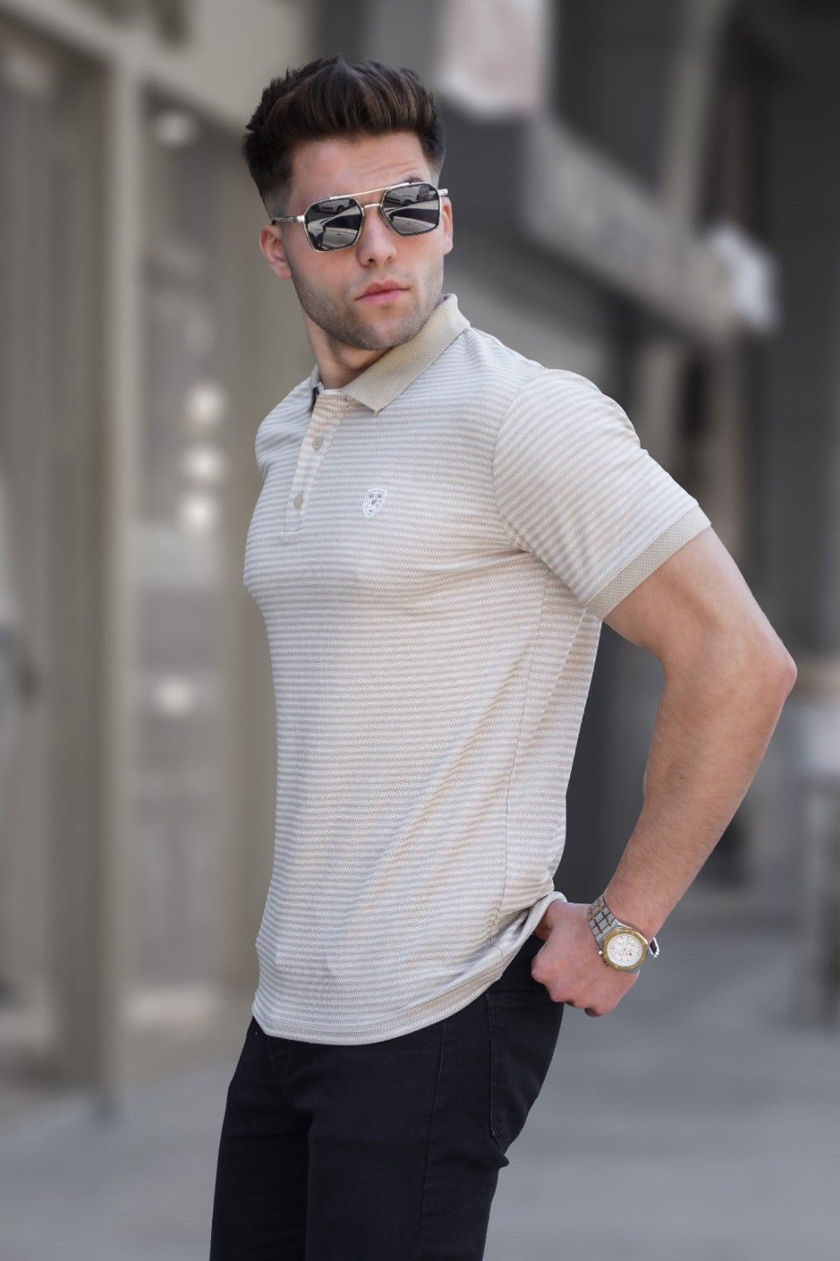 Bej Çizgili Polo Yaka Tişört 5881