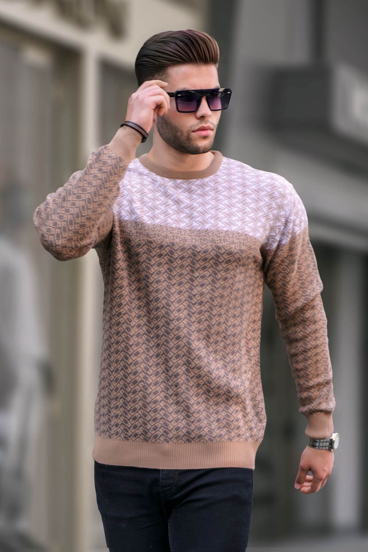 Beige Designed Knitwear Sweater -- Madmext