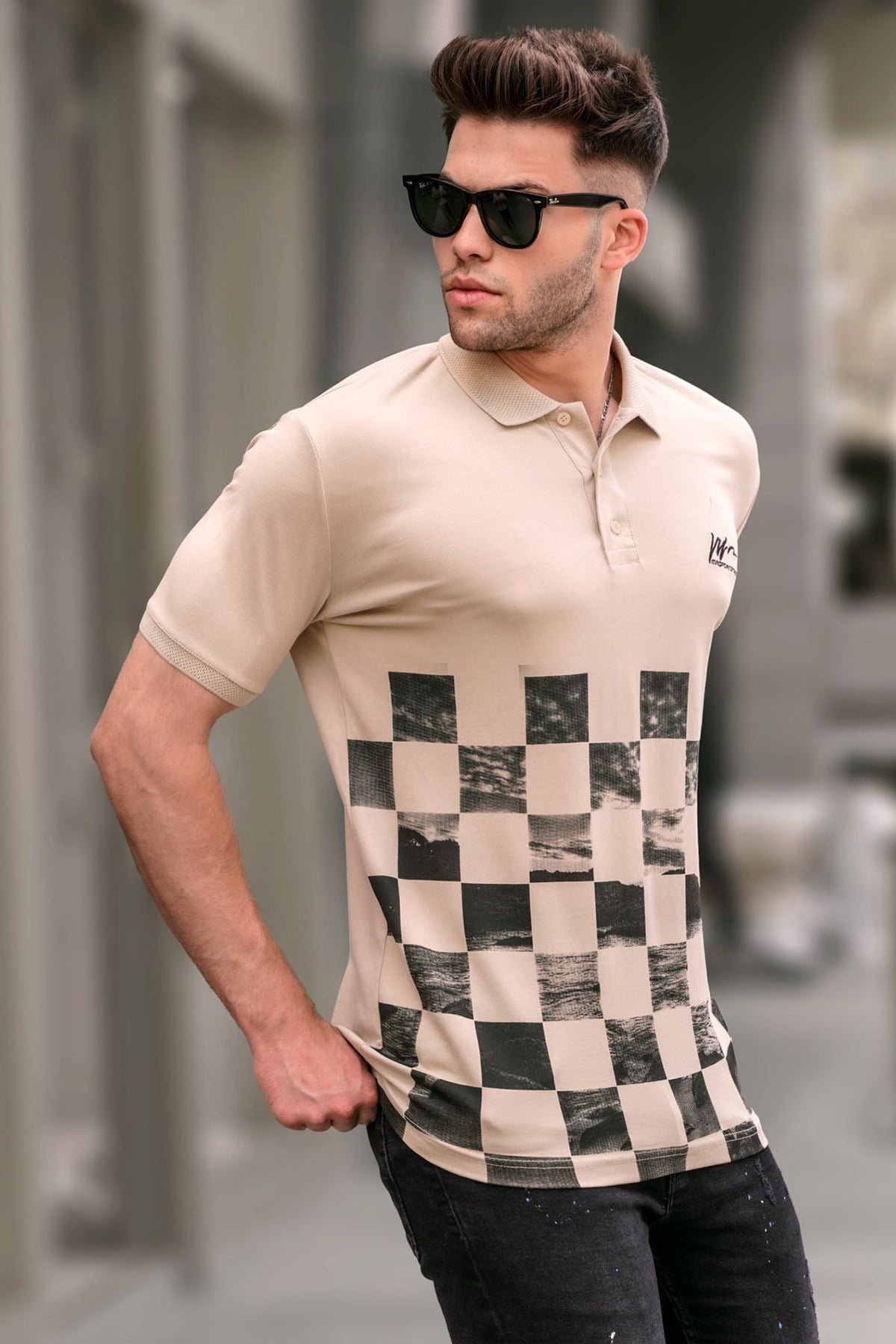 Bej Desenli Erkek Polo Yaka Tişört 5867