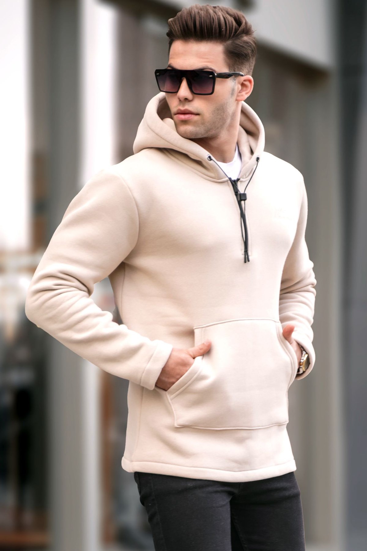 Beige Basic Hoodie Sweatshirt -- Madmext