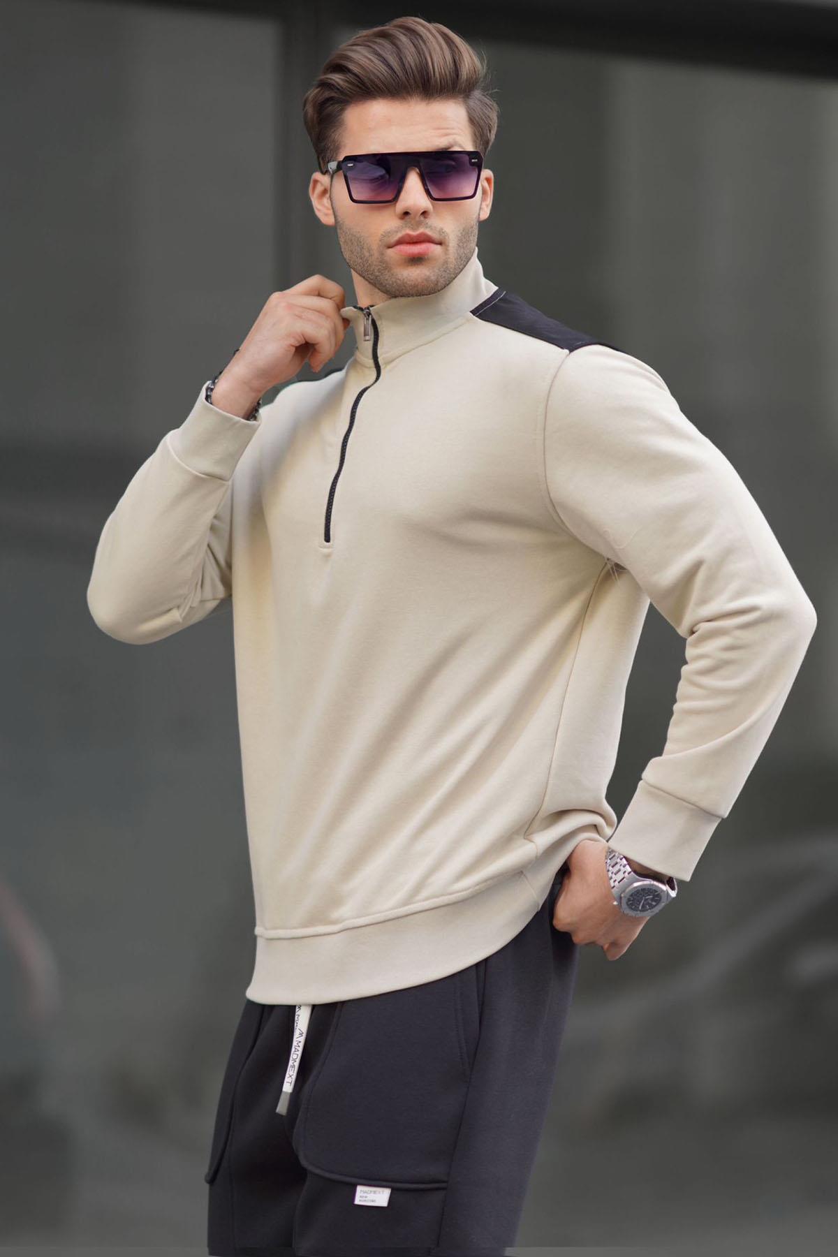 Bej Fermuar Yaka Basic Erkek Sweatshirt 6157