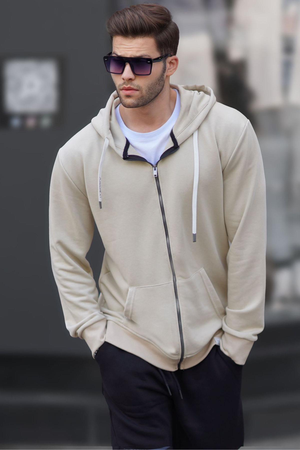 Bej Fermuarlı Kapüşonlu Sweatshirt - Madmext