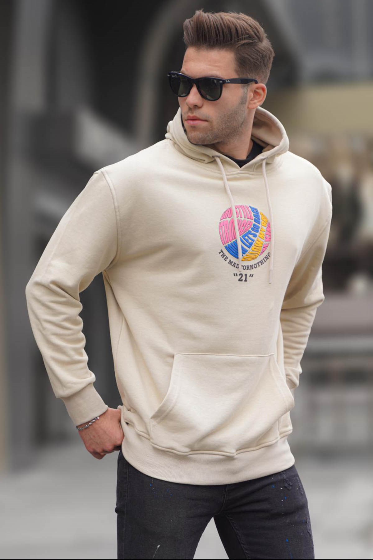 Bej Kabartma Baskılı Kapüşonlu Sweatshirt 6042