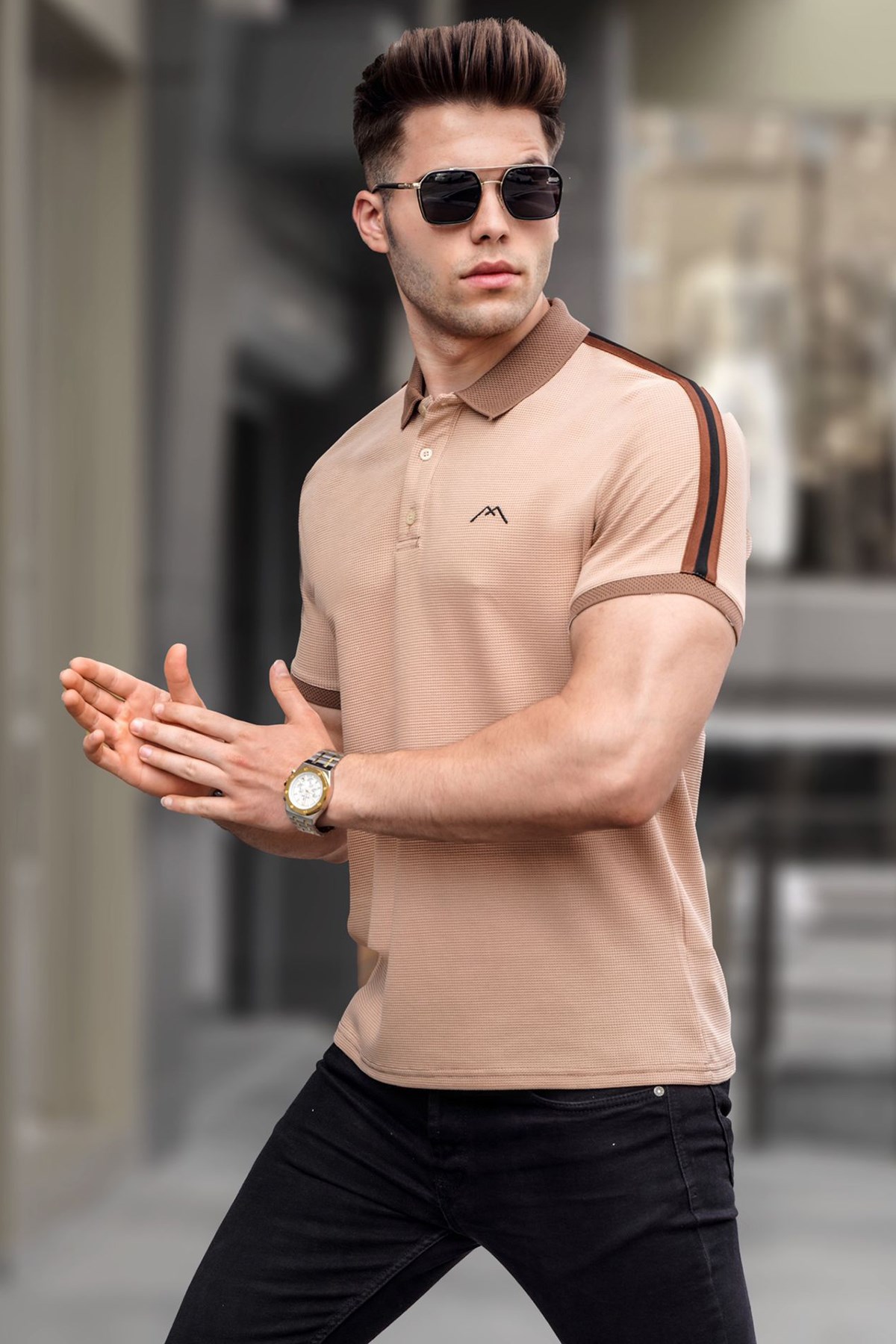 Bej Kol Şeritli Polo Yaka Tişört 5888