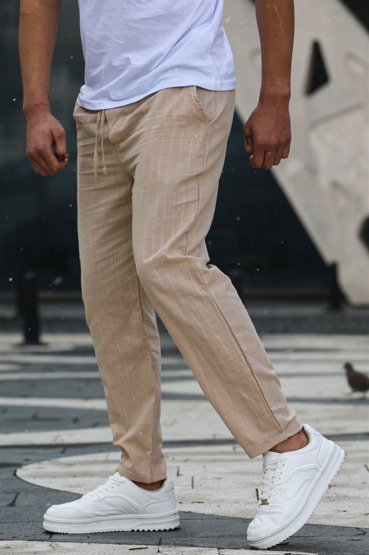 Bej Müslin Kumaş Erkek Basic Pantolon - Madmext