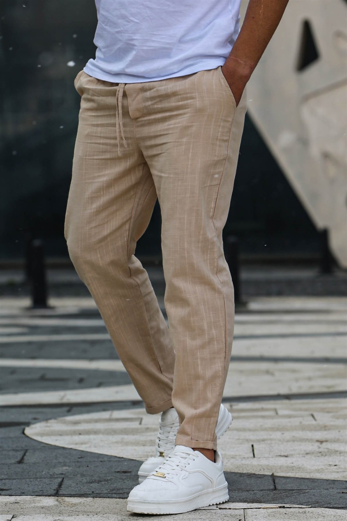 Bej Müslin Kumaş Erkek Basic Pantolon - Madmext