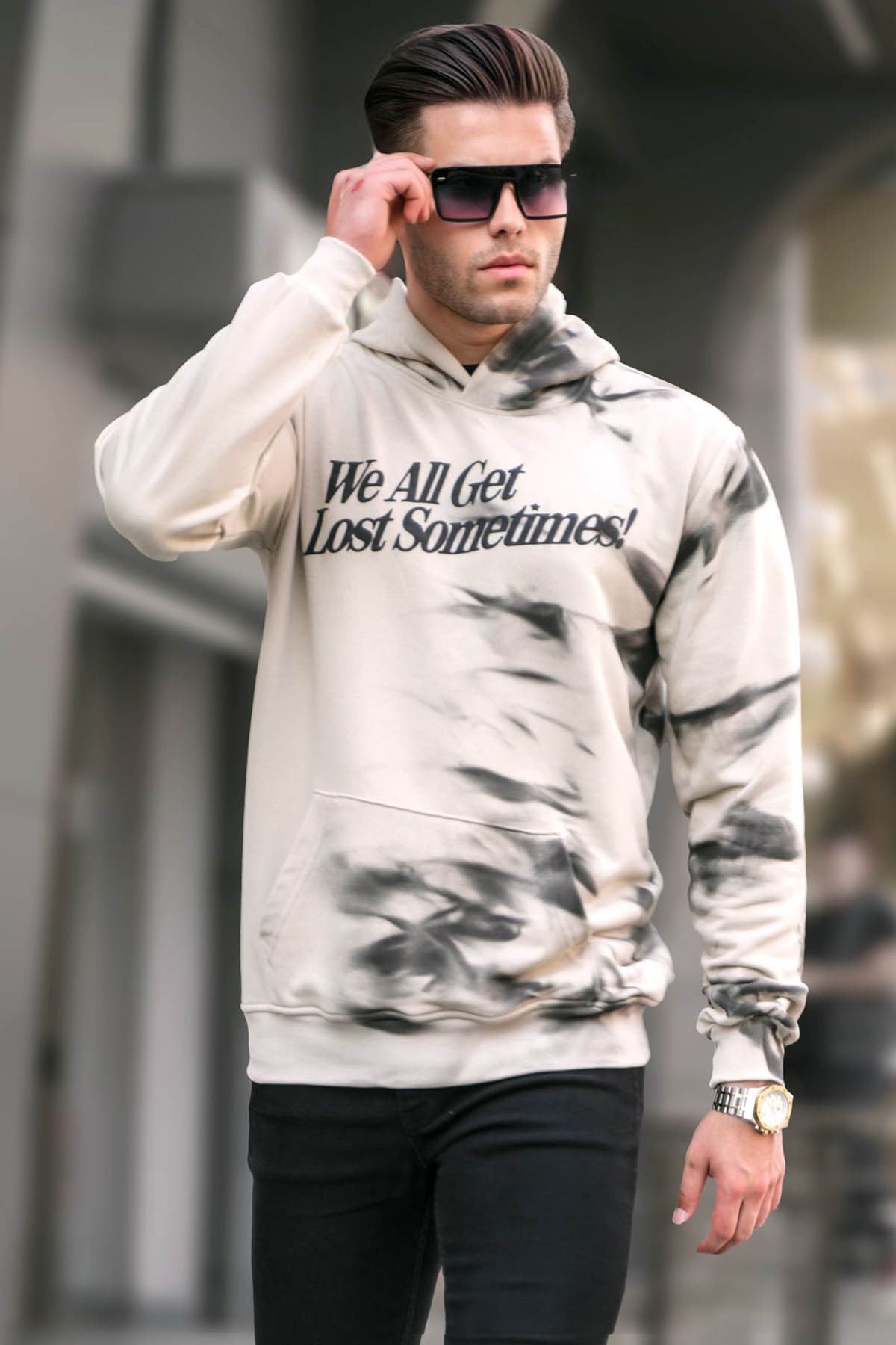 Bej Nakışlı Kapüşonlu Sweatshirt 5897
