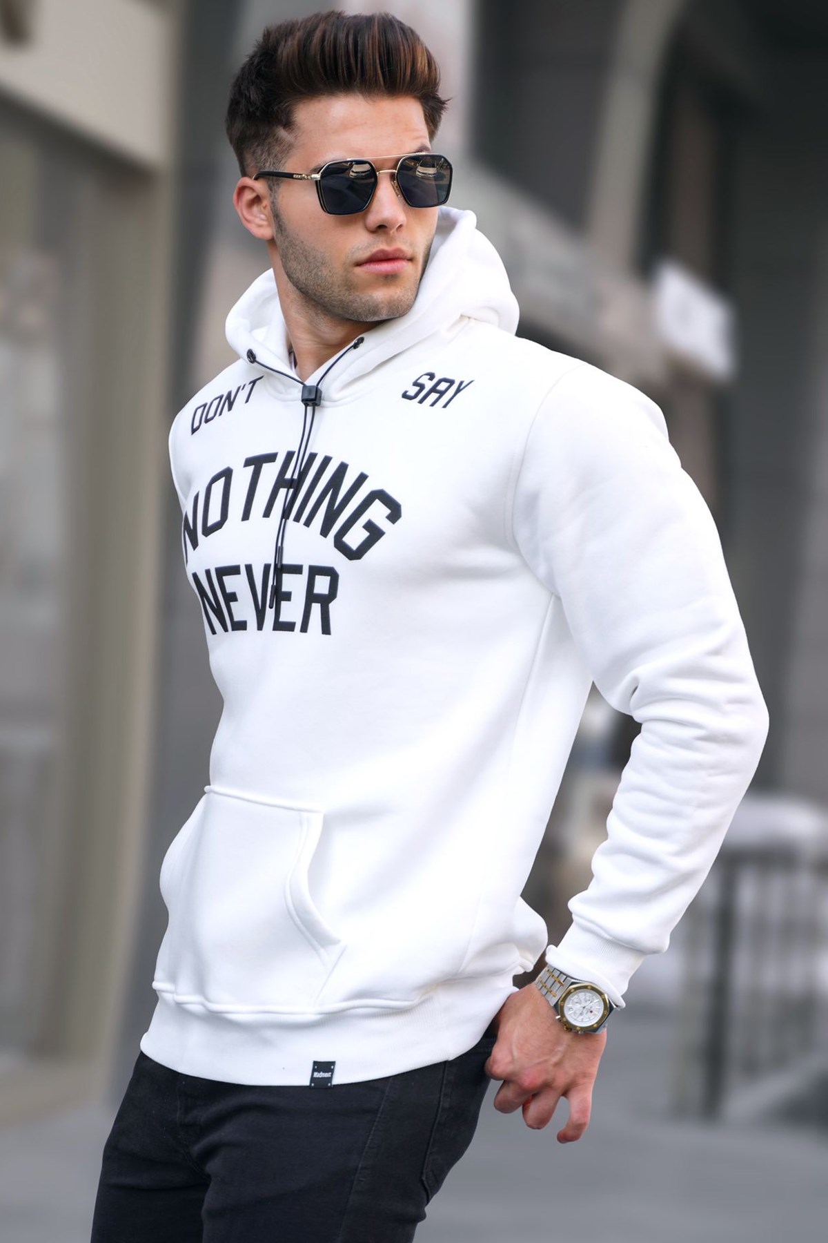 Beyaz Baskılı Kapşonlu Sweatshirt 5898