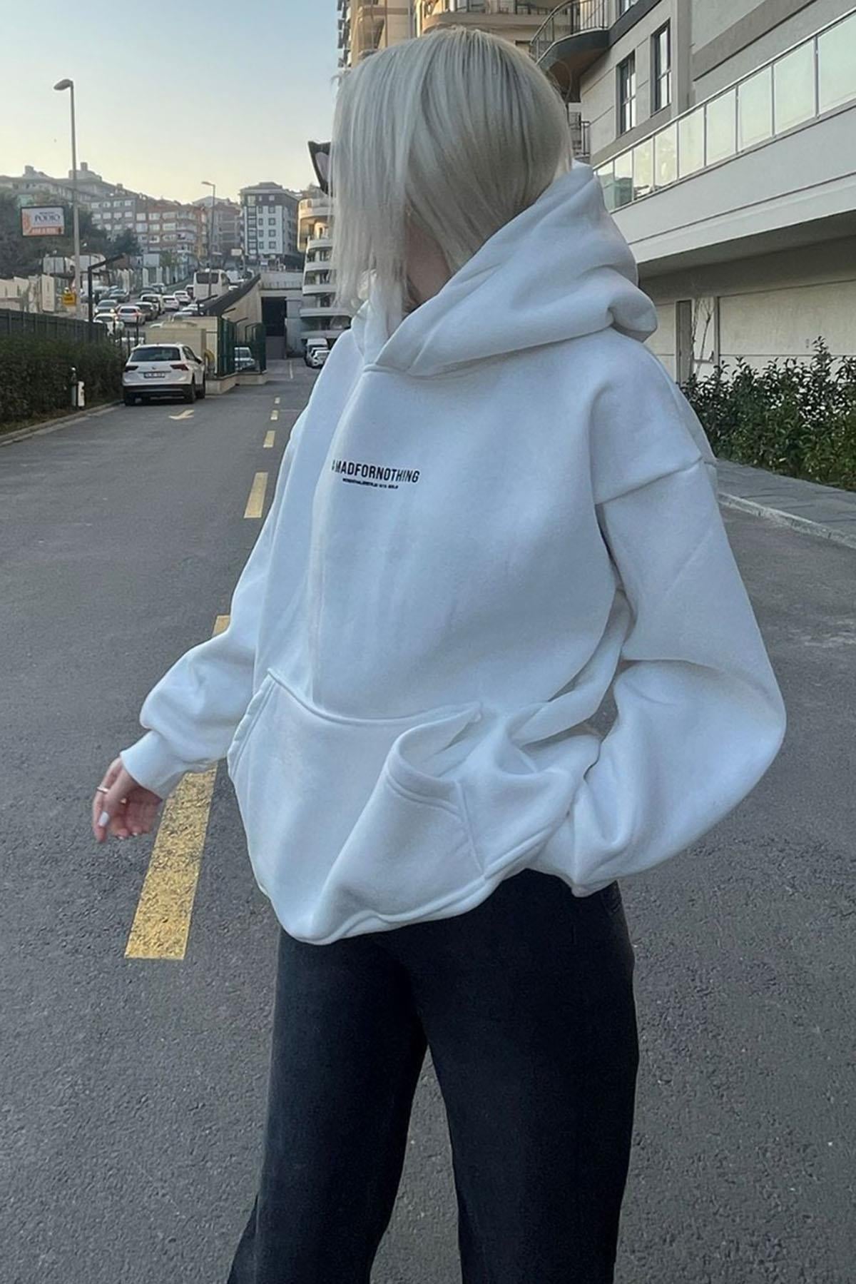 Beyaz Baskılı Oversize Sweatshirt MG1287