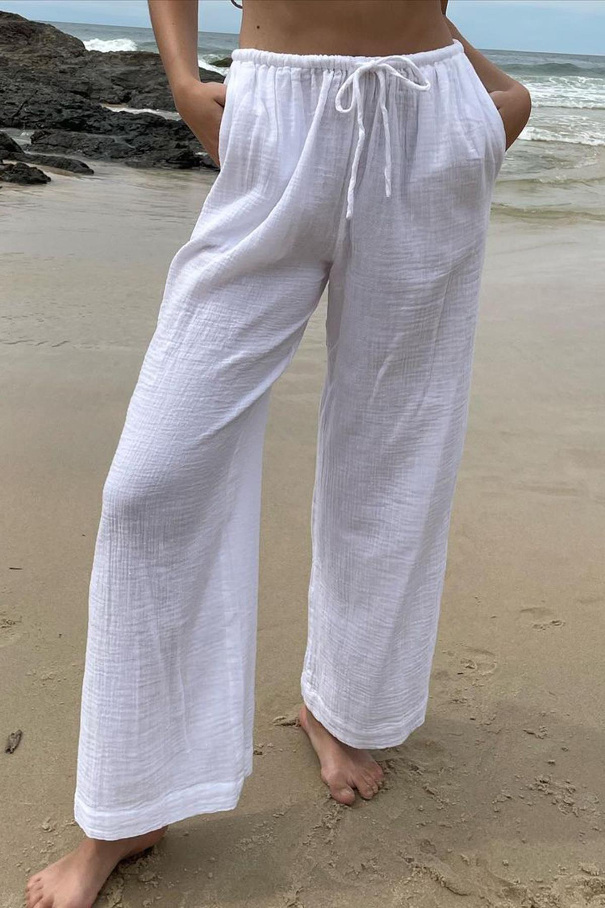 Beyaz Krinkıl Kumaş Basic Kadın Plaj Pantolon -Madmext